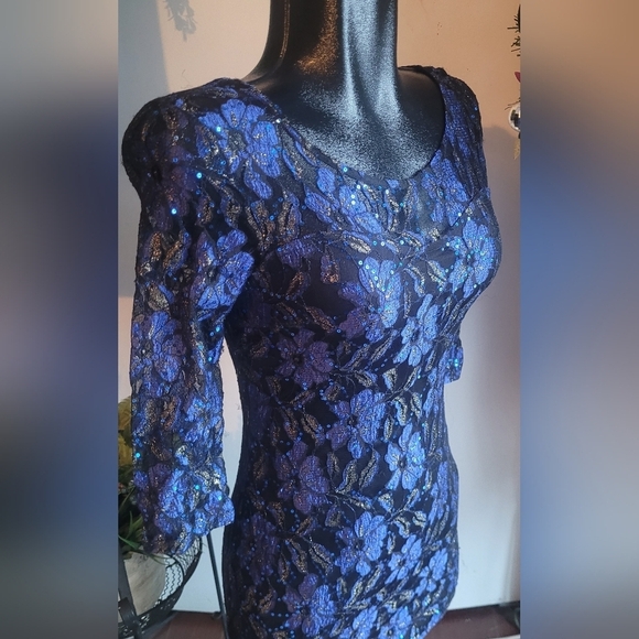Parisian Collection Blue Floral Lace and Sequin Detailed Mini Dress S - Picture 3 of 8